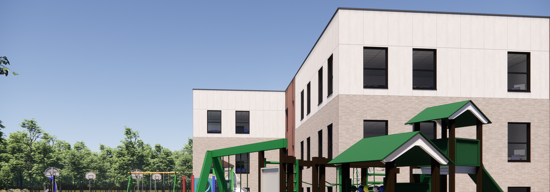 The new Edmonton Islamic Academy elementary campus seen from its playground and basketball courts
