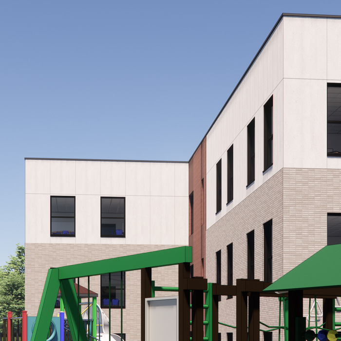 The new Edmonton Islamic Academy elementary campus seen from its playground and basketball courts