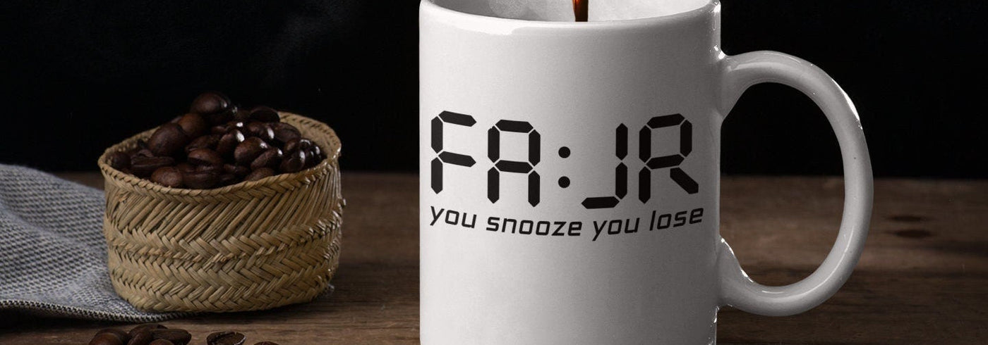 A FAJR You Snooze You Lose mug filled with morning chai