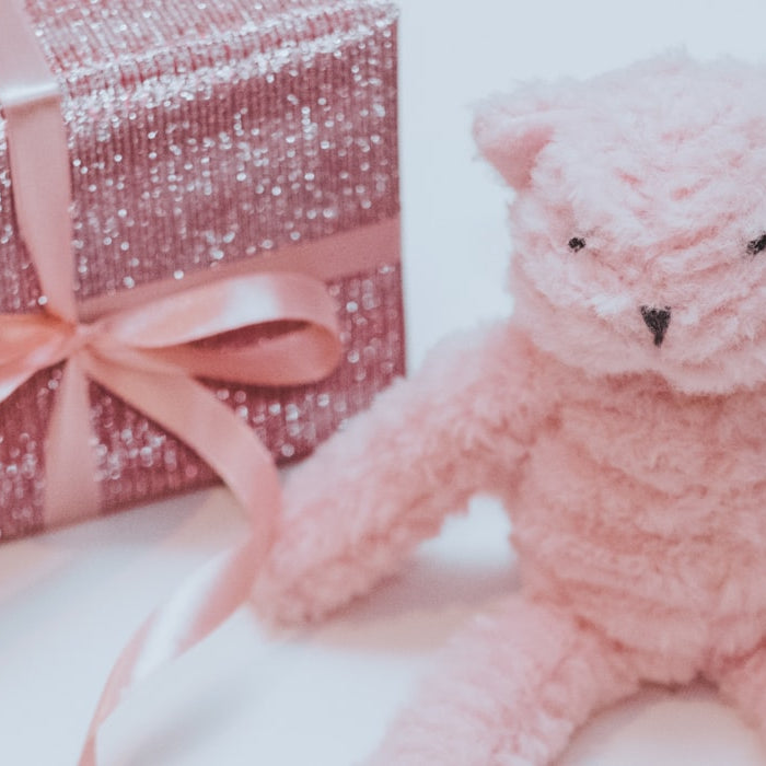 A soft pink teddy bear sitting beside a wrapped gift box with a ribbon