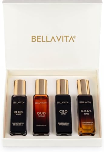 Bella Vita Luxury Long Lasting Perfume Gift Set for Men | 4x20ml | Gifts for Men | Woody, Citrusy, Oud, Premium Fragrance Scent | KLUB, OUD, CEO, G.O.A.T | Gift for muslims | Islamic Gift | Ramadan Eid Gift for Muslims