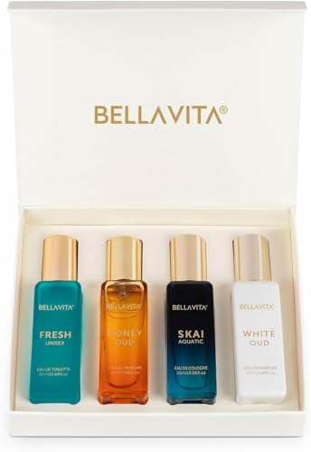 BellaVita Luxury Unisex Cologne Gift Set | 4x20ml | Honey OUD, SKAI, FRESH & White OUD | Travel Size Mini Perfumes & Spicy Vanilla Perfume Oil | Unisex Perfume for Women & Men | Islamic Gift | Ramadan Eid Gift for Muslims