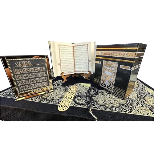 Muslim Prayer Rug Gift Set | Islamic Gift Set | Velvet Full Arabic Quran | Elegant Kaaba Design Box | Ayatul Kursi | Prayer Beads | Bookmark | Janamaz Salah Mat | Gift for Muslims | Ramadan Eid Gift