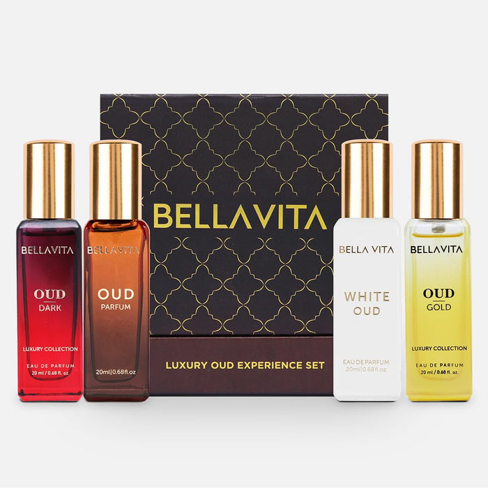 BellaVita Luxury OUD Experience Gift Set - Unisex | 4x20ml | Premium Arabic Unisex Perfumes | Includes Gold, Dark & White OUD | Notes of Caramel, Orris, Vetiver & Citrus | Gift for muslims | Islamic Gift | Ramadan Eid Gift for Muslims