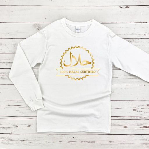 a white t - shirt with gold arabic lettering on it