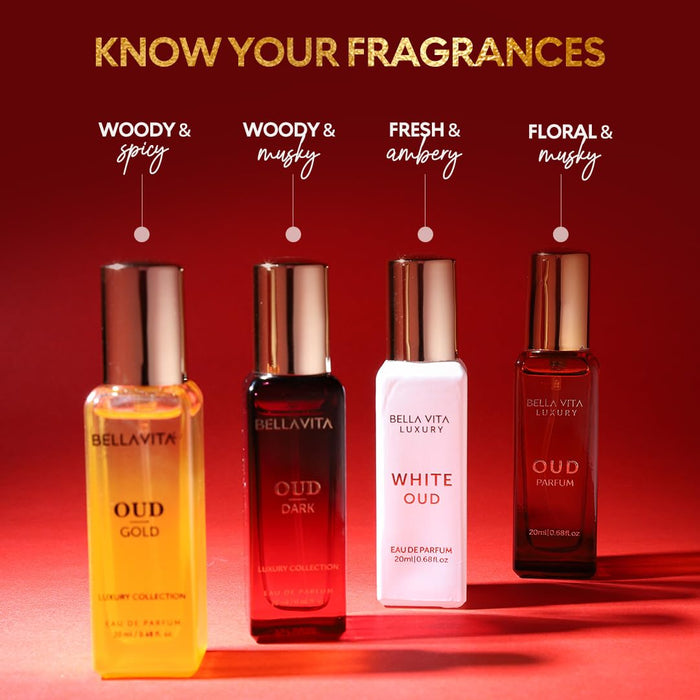 BellaVita Luxury OUD Experience Gift Set - Unisex | 4x20ml | Premium Arabic Unisex Perfumes | Includes Gold, Dark & White OUD | Notes of Caramel, Orris, Vetiver & Citrus | Gift for muslims | Islamic Gift | Ramadan Eid Gift for Muslims