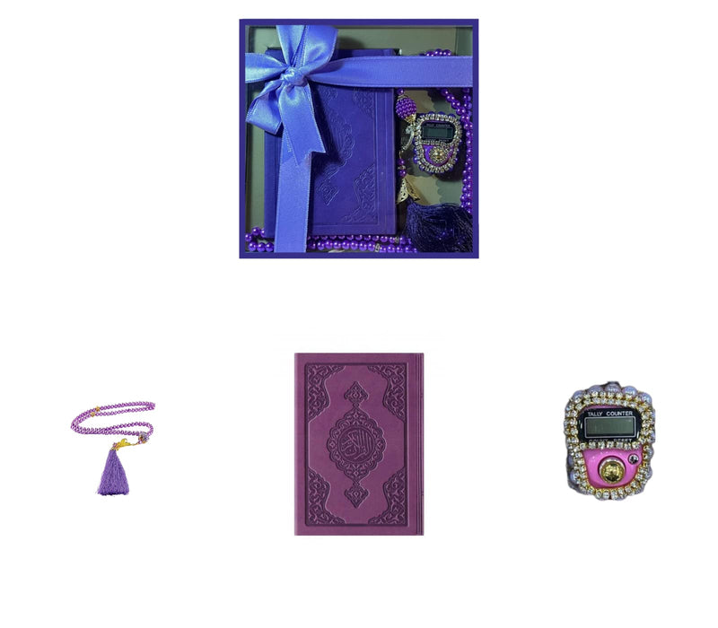 Colorful Islamic Gift Set | Leather Quran | Pearl Prayer Beads | Digital Zikr Tasbih | Mini Quran | Portable Prayers Basket | Muslim Gifts for Women | Gift for Muslims | Ramadan Eid Gift