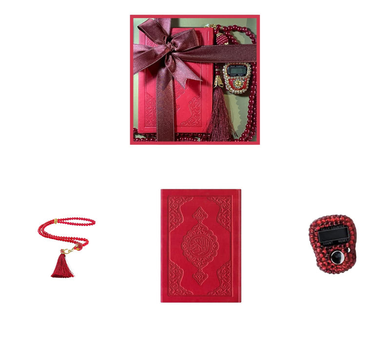 Colorful Islamic Gift Set | Leather Quran | Pearl Prayer Beads | Digital Zikr Tasbih | Mini Quran | Portable Prayers Basket | Muslim Gifts for Women | Gift for Muslims | Ramadan Eid Gift