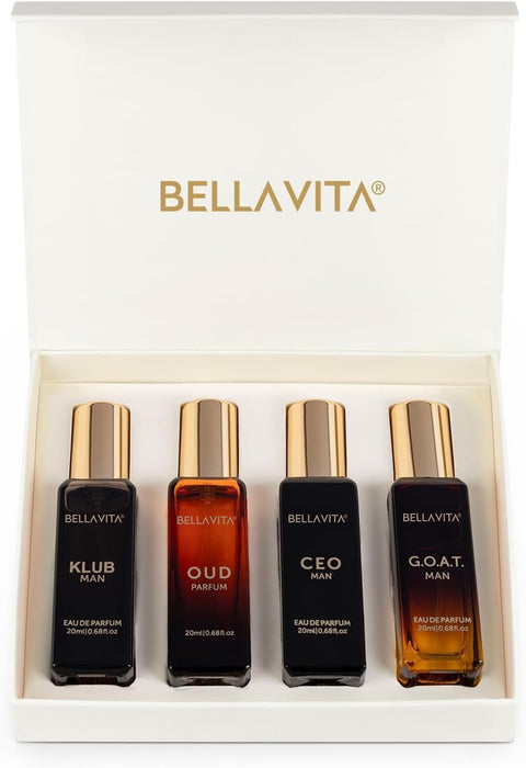 Bella Vita Luxury Long Lasting Perfume Gift Set for Men | 4x20ml | Gifts for Men | Woody, Citrusy, Oud, Premium Fragrance Scent | KLUB, OUD, CEO, G.O.A.T | Gift for muslims | Islamic Gift | Ramadan Eid Gift for Muslims