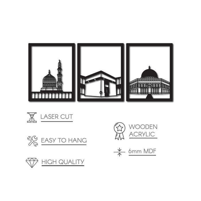 Holy Sites Islamic Wall Art | Masjid Al Aqsa | Kaaba | Masjid An-Nabawi | Wooden Blessed Places Islamic Wall Decor | Gift for Muslims | Islamic Gift | Ramadan Eid Gift
