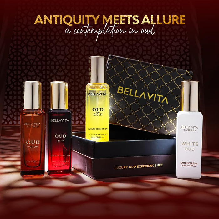 BellaVita Luxury OUD Experience Gift Set - Unisex | 4x20ml | Premium Arabic Unisex Perfumes | Includes Gold, Dark & White OUD | Notes of Caramel, Orris, Vetiver & Citrus | Gift for muslims | Islamic Gift | Ramadan Eid Gift for Muslims