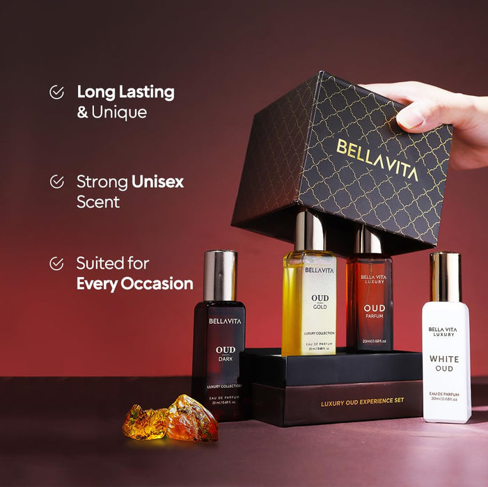 BellaVita Luxury OUD Experience Gift Set - Unisex | 4x20ml | Premium Arabic Unisex Perfumes | Includes Gold, Dark & White OUD | Notes of Caramel, Orris, Vetiver & Citrus | Gift for muslims | Islamic Gift | Ramadan Eid Gift for Muslims