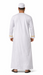 Man wearing a white traditional thobe, a Muslim prayer outfit, with gold accents, shown from back on a white background.