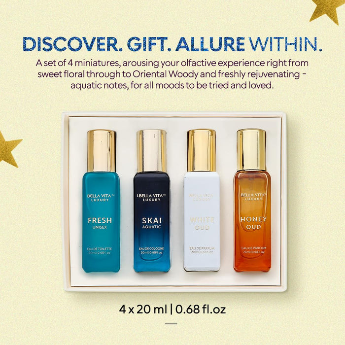 BellaVita Luxury Unisex Cologne Gift Set | 4x20ml | Honey OUD, SKAI, FRESH & White OUD | Travel Size Mini Perfumes & Spicy Vanilla Perfume Oil | Unisex Perfume for Women & Men | Islamic Gift | Ramadan Eid Gift for Muslims