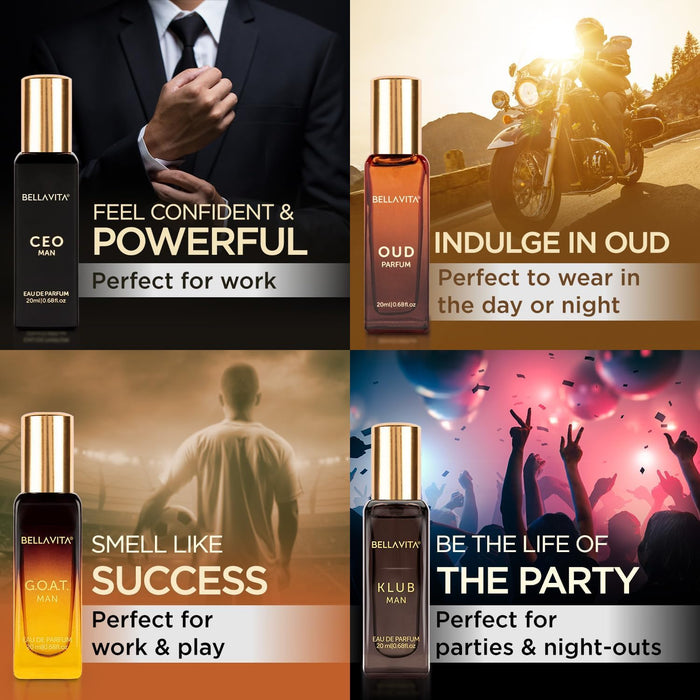 Bella Vita Luxury Long Lasting Perfume Gift Set for Men | 4x20ml | Gifts for Men | Woody, Citrusy, Oud, Premium Fragrance Scent | KLUB, OUD, CEO, G.O.A.T | Gift for muslims | Islamic Gift | Ramadan Eid Gift for Muslims