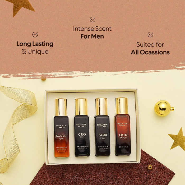 Bella Vita Luxury Long Lasting Perfume Gift Set for Men | 4x20ml | Gifts for Men | Woody, Citrusy, Oud, Premium Fragrance Scent | KLUB, OUD, CEO, G.O.A.T | Gift for muslims | Islamic Gift | Ramadan Eid Gift for Muslims