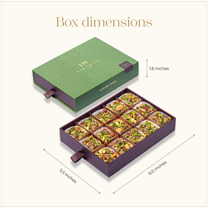 Medjool Date & Nut Bites Gift Box – 10.5 oz - 15 Pieces | Edible Arrangement of Fruit & Nuts Gift for Muslims | Islamic Ramadan Eid Gift Set | Soft Dates with Pistachios, Cashews, Cardamom & Biscuits | Middle Eastern Snack & Gift
