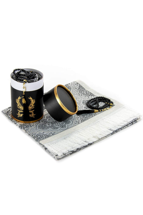 Muslim Prayer Rug & Beads with Gift Box Set | Janamaz, Sajadah, Soft Islamic Gifts Set, Carpet Mat, Taffeta Fabric | Gift for Muslims | Islamic Gift | Ramadan Eid Gift for Muslims