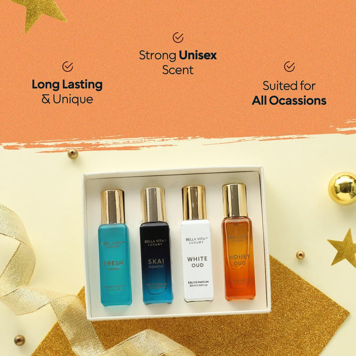 BellaVita Luxury Unisex Cologne Gift Set | 4x20ml | Honey OUD, SKAI, FRESH & White OUD | Travel Size Mini Perfumes & Spicy Vanilla Perfume Oil | Unisex Perfume for Women & Men | Islamic Gift | Ramadan Eid Gift for Muslims