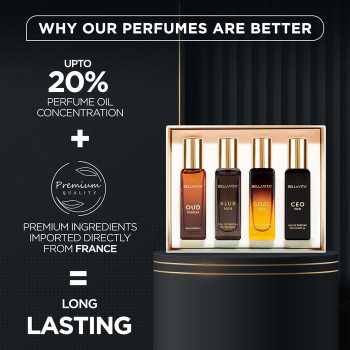 Bella Vita Luxury Long Lasting Perfume Gift Set for Men | 4x20ml | Gifts for Men | Woody, Citrusy, Oud, Premium Fragrance Scent | KLUB, OUD, CEO, G.O.A.T | Gift for muslims | Islamic Gift | Ramadan Eid Gift for Muslims