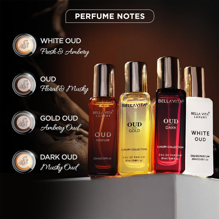 BellaVita Luxury OUD Experience Gift Set - Unisex | 4x20ml | Premium Arabic Unisex Perfumes | Includes Gold, Dark & White OUD | Notes of Caramel, Orris, Vetiver & Citrus | Gift for muslims | Islamic Gift | Ramadan Eid Gift for Muslims