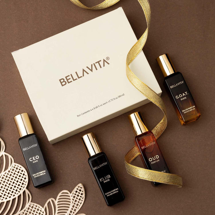Bella Vita Luxury Long Lasting Perfume Gift Set for Men | 4x20ml | Gifts for Men | Woody, Citrusy, Oud, Premium Fragrance Scent | KLUB, OUD, CEO, G.O.A.T | Gift for muslims | Islamic Gift | Ramadan Eid Gift for Muslims