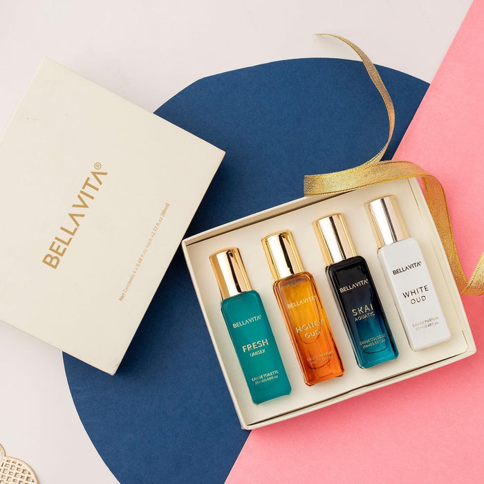 BellaVita Luxury Unisex Cologne Gift Set | 4x20ml | Honey OUD, SKAI, FRESH & White OUD | Travel Size Mini Perfumes & Spicy Vanilla Perfume Oil | Unisex Perfume for Women & Men | Islamic Gift | Ramadan Eid Gift for Muslims