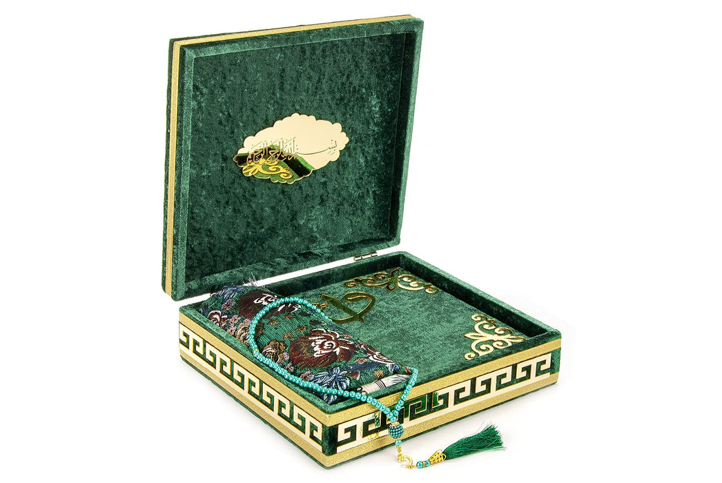 Luxury Velvet Islamic Prayer Gift Set | Velvet Covered Gift Box | Deluxe 4-Piece Set with Quran | Prayer Beads Tesbih | Prayer Rug | Ramadan Eid Gift | Gift for Muslims | Islamic Gift