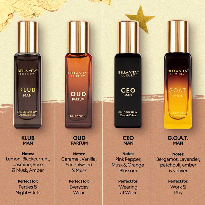 Bella Vita Luxury Long Lasting Perfume Gift Set for Men | 4x20ml | Gifts for Men | Woody, Citrusy, Oud, Premium Fragrance Scent | KLUB, OUD, CEO, G.O.A.T | Gift for muslims | Islamic Gift | Ramadan Eid Gift for Muslims