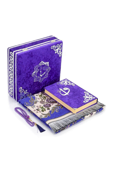 Luxury Velvet Islamic Prayer Gift Set | Velvet Covered Gift Box | Deluxe 4-Piece Set with Quran | Prayer Beads Tesbih | Prayer Rug | Ramadan Eid Gift | Gift for Muslims | Islamic Gift