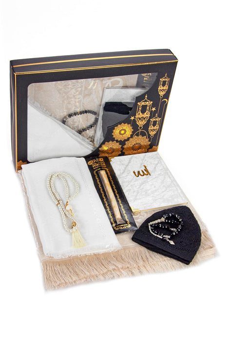 Islamic 6-pc Gift Box Set for Muslims | Includes Yaseen Book, Prayer Mat, Prayer Beads, Fragrance |  Muslim Prayer Rug, Yaseen Book, Prayer Beads Tesbih, Solid Smell, Ravza Scent | 6 Piece Prayers Mat Set for Ramadan | Eid Gifts