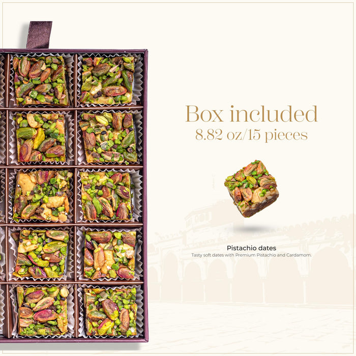 Medjool Date & Nut Bites Gift Box – 10.5 oz - 15 Pieces | Edible Arrangement of Fruit & Nuts Gift for Muslims | Islamic Ramadan Eid Gift Set | Soft Dates with Pistachios, Cashews, Cardamom & Biscuits | Middle Eastern Snack & Gift