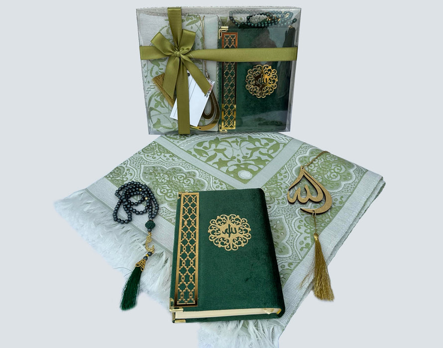 Prayer Rug Gift Set with Thank You Card | Full Arabic Quran | Prayer Rug | Prayer Beads | Car Hanger | Ramadan Eid Wedding Birthday Graduation Mothers Day | Gift for Muslims | Islamic Gift