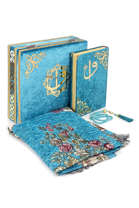 Luxury Velvet Islamic Prayer Gift Set | Velvet Covered Gift Box | Deluxe 4-Piece Set with Quran | Prayer Beads Tesbih | Prayer Rug | Ramadan Eid Gift | Gift for Muslims | Islamic Gift