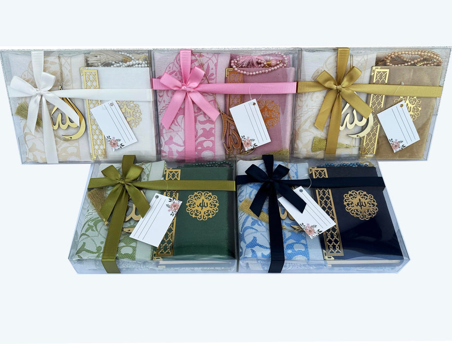 Prayer Rug Gift Set with Thank You Card | Full Arabic Quran | Prayer Rug | Prayer Beads | Car Hanger | Ramadan Eid Wedding Birthday Graduation Mothers Day | Gift for Muslims | Islamic Gift