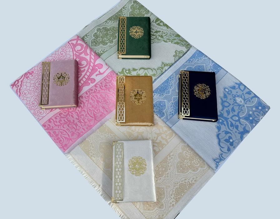 Prayer Rug Gift Set with Thank You Card | Full Arabic Quran | Prayer Rug | Prayer Beads | Car Hanger | Ramadan Eid Wedding Birthday Graduation Mothers Day | Gift for Muslims | Islamic Gift