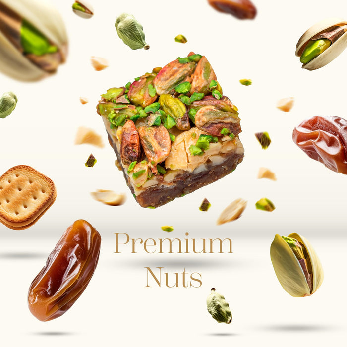 Medjool Date & Nut Bites Gift Box – 10.5 oz - 15 Pieces | Edible Arrangement of Fruit & Nuts Gift for Muslims | Islamic Ramadan Eid Gift Set | Soft Dates with Pistachios, Cashews, Cardamom & Biscuits | Middle Eastern Snack & Gift