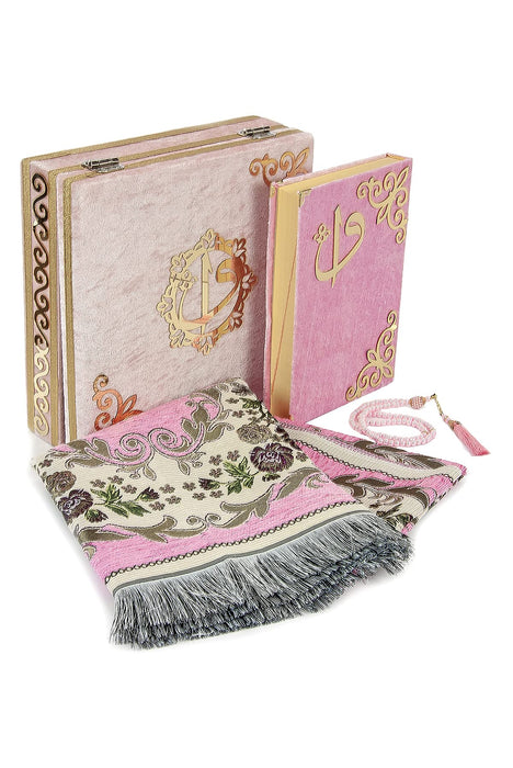 Luxury Velvet Islamic Prayer Gift Set | Velvet Covered Gift Box | Deluxe 4-Piece Set with Quran | Prayer Beads Tesbih | Prayer Rug | Ramadan Eid Gift | Gift for Muslims | Islamic Gift