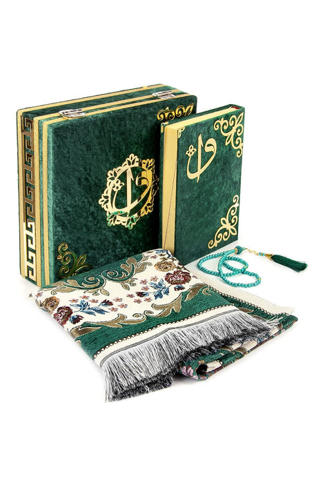 Luxury Velvet Islamic Prayer Gift Set | Velvet Covered Gift Box | Deluxe 4-Piece Set with Quran | Prayer Beads Tesbih | Prayer Rug | Ramadan Eid Gift | Gift for Muslims | Islamic Gift