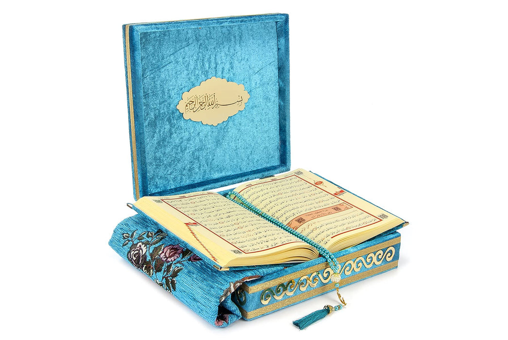 Luxury Velvet Islamic Prayer Gift Set | Velvet Covered Gift Box | Deluxe 4-Piece Set with Quran | Prayer Beads Tesbih | Prayer Rug | Ramadan Eid Gift | Gift for Muslims | Islamic Gift