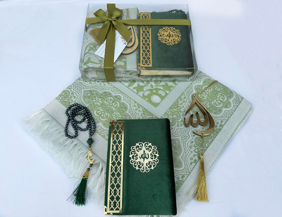 Prayer Rug Gift Set with Thank You Card | Full Arabic Quran | Prayer Rug | Prayer Beads | Car Hanger | Ramadan Eid Wedding Birthday Graduation Mothers Day | Gift for Muslims | Islamic Gift