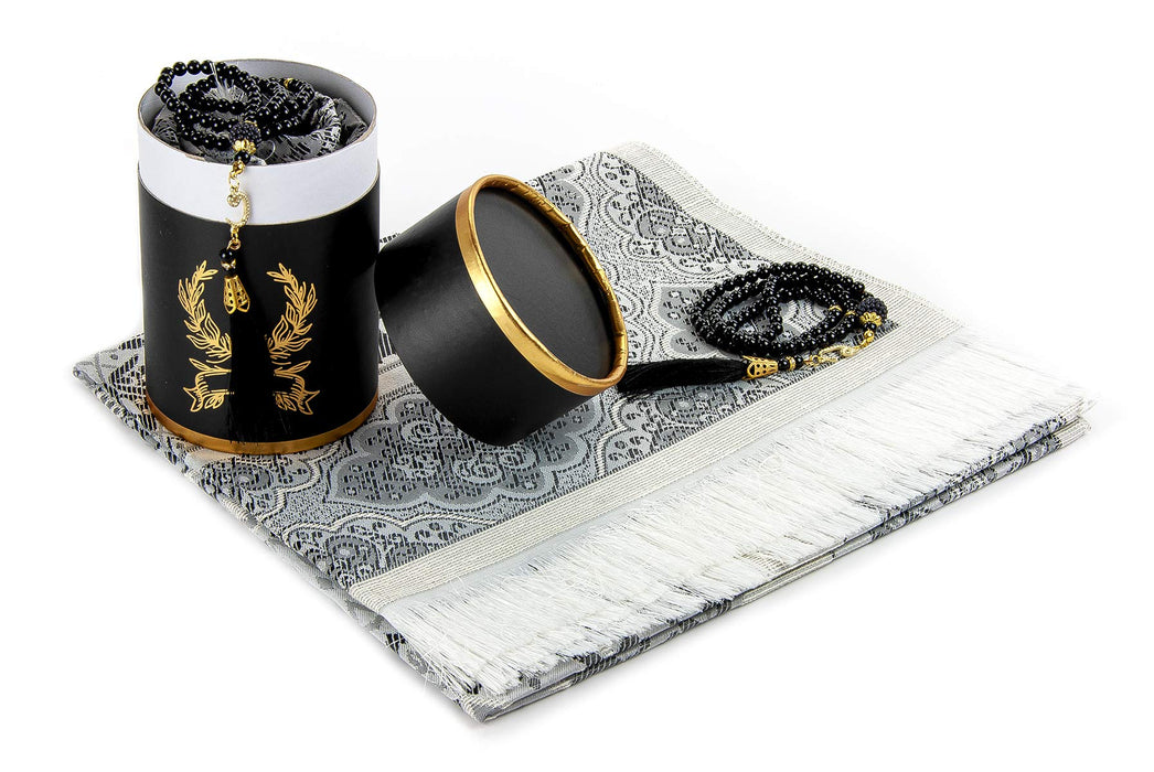 Muslim Prayer Rug & Beads with Gift Box Set | Janamaz, Sajadah, Soft Islamic Gifts Set, Carpet Mat, Taffeta Fabric | Gift for Muslims | Islamic Gift | Ramadan Eid Gift for Muslims