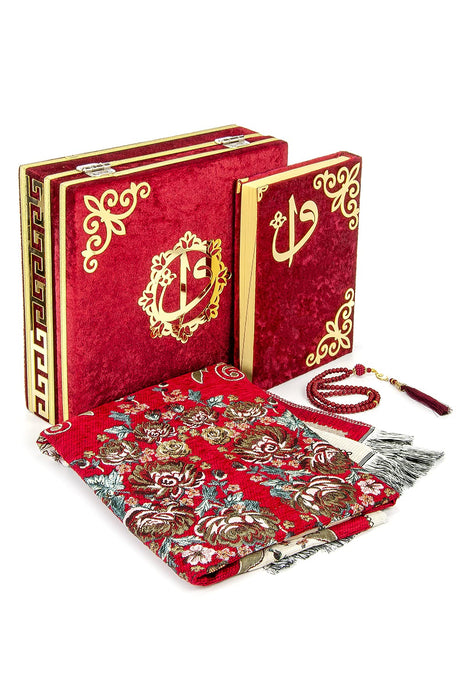 Luxury Velvet Islamic Prayer Gift Set | Velvet Covered Gift Box | Deluxe 4-Piece Set with Quran | Prayer Beads Tesbih | Prayer Rug | Ramadan Eid Gift | Gift for Muslims | Islamic Gift