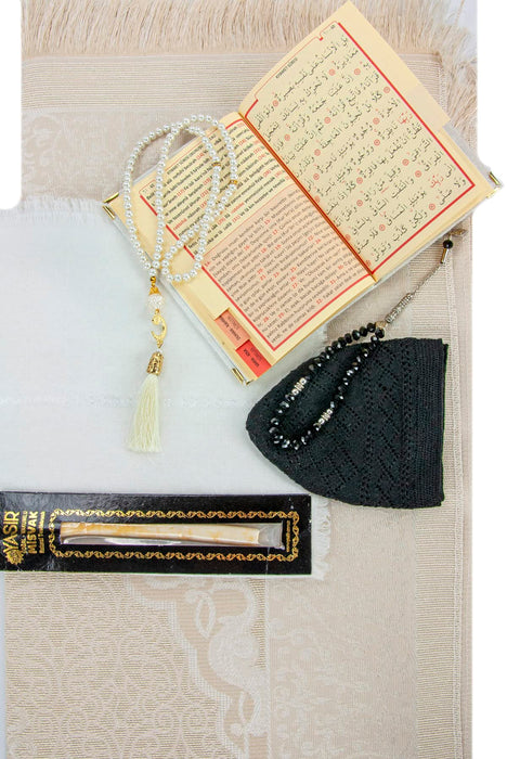 Islamic 6-pc Gift Box Set for Muslims | Includes Yaseen Book, Prayer Mat, Prayer Beads, Fragrance |  Muslim Prayer Rug, Yaseen Book, Prayer Beads Tesbih, Solid Smell, Ravza Scent | 6 Piece Prayers Mat Set for Ramadan | Eid Gifts