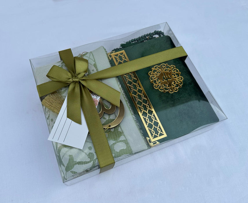 Prayer Rug Gift Set with Thank You Card | Full Arabic Quran | Prayer Rug | Prayer Beads | Car Hanger | Ramadan Eid Wedding Birthday Graduation Mothers Day | Gift for Muslims | Islamic Gift