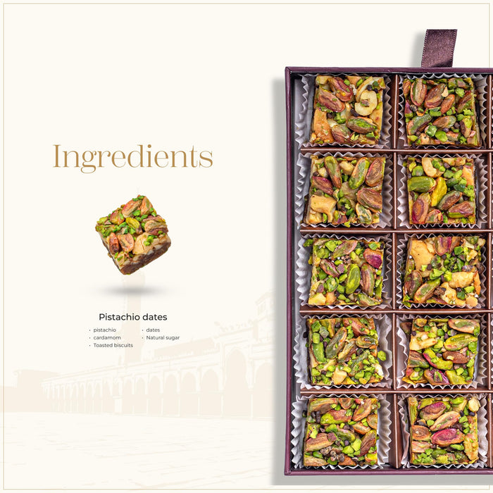 Medjool Date & Nut Bites Gift Box – 10.5 oz - 15 Pieces | Edible Arrangement of Fruit & Nuts Gift for Muslims | Islamic Ramadan Eid Gift Set | Soft Dates with Pistachios, Cashews, Cardamom & Biscuits | Middle Eastern Snack & Gift