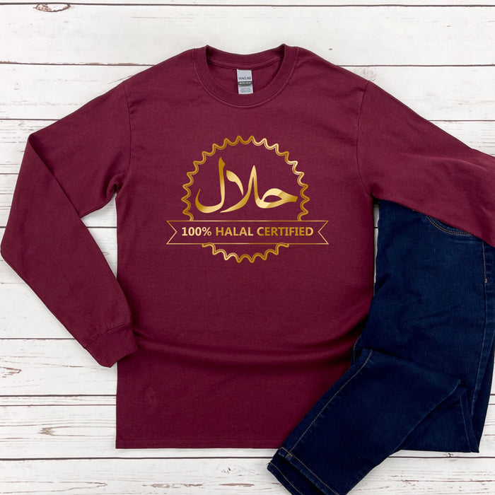 a maroon shirt with a gold arabic calligraphy on it