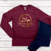 a maroon shirt with a gold arabic calligraphy on it