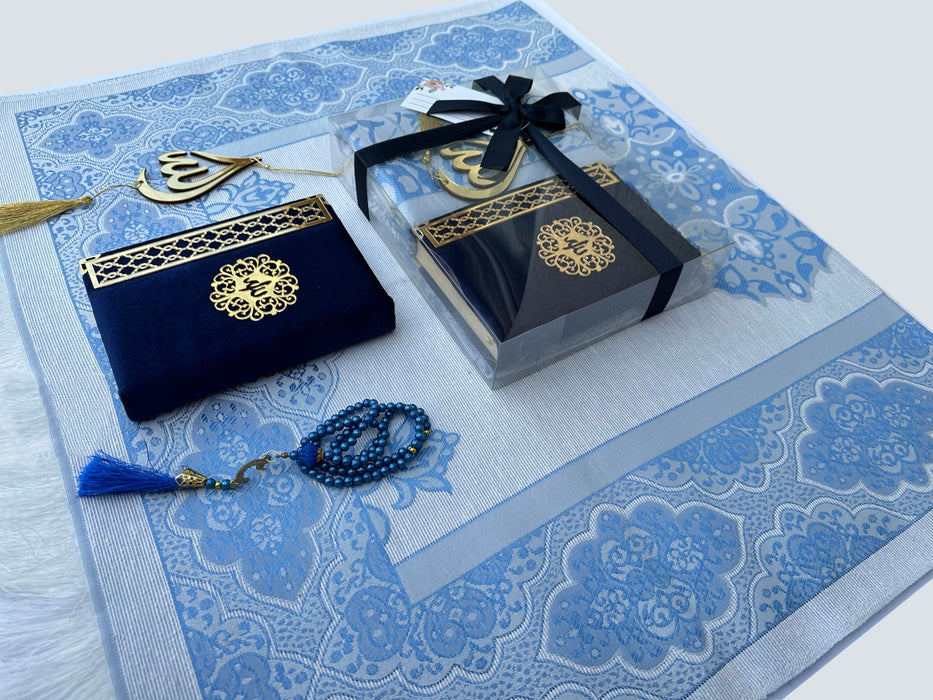 Prayer Rug Gift Set with Thank You Card | Full Arabic Quran | Prayer Rug | Prayer Beads | Car Hanger | Ramadan Eid Wedding Birthday Graduation Mothers Day | Gift for Muslims | Islamic Gift