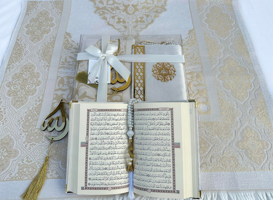 Prayer Rug Gift Set with Thank You Card | Full Arabic Quran | Prayer Rug | Prayer Beads | Car Hanger | Ramadan Eid Wedding Birthday Graduation Mothers Day | Gift for Muslims | Islamic Gift